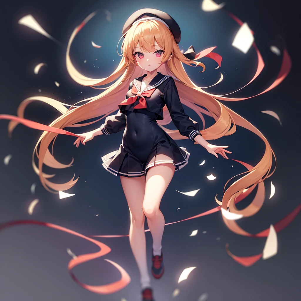 ((Sailor suit)),Big red ribbon,(mini skirt),beret,Cute little loli,Tiny Lori, girl,,Childish face, Very fine clean face,Top quality, Big eyes,Straight Hair,Yellow hair,Crimson Eye,(Dark Room), Subtle light, Natural light,Soft lighting,Light from directly behind, (Are standing), Cute pose, Open your hands, Showing the whole body,Front view,Black background