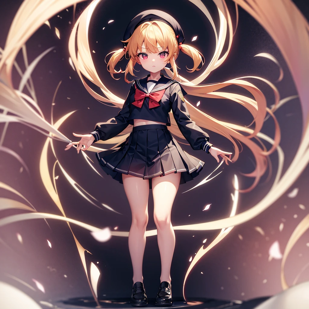((Sailor suit)),Big red ribbon,(mini skirt),beret,Cute little loli,Tiny Lori,Small girl,,Childish face, Very fine clean face,Top quality, Big eyes,Straight Hair,Yellow hair,Crimson Eye,(Dark Room), Subtle light, Natural light,Soft lighting,Light from directly behind, (Are standing), Cute pose, Open your hands, Showing the whole body,Front view,Black background