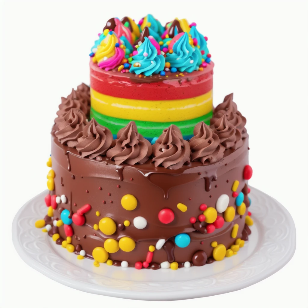 on the white background, on a porcelain plate, a chocolate two-layer cream cake, decorated with sprinkles on the bottom, chocolate cream swirls on the first layer, the second cream layer multi-colored, chocolate ganache on the second layer, multi-colored swirls with sprinkles on top, realistic texture, realistic style, detailed texture, high quality, high resolution, high quality rendering, realistic photo, brightning light, macro photo, ultra hd 4k