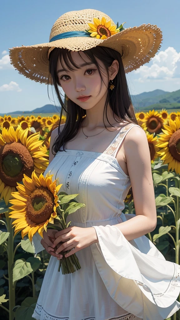 sunflower sunflower畑 White dress Straw hat youth summer Emotional blue sky