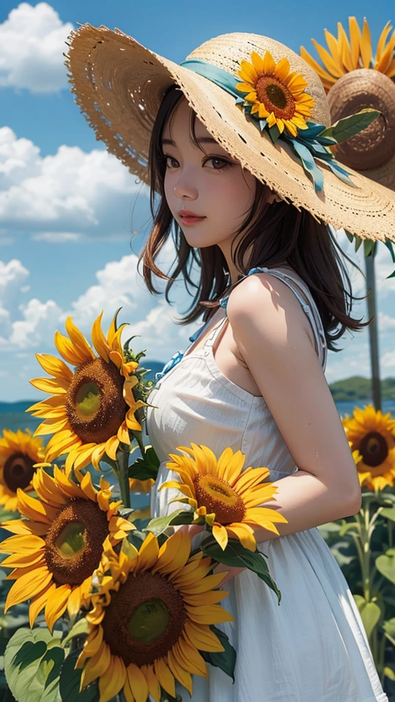 sunflower　sunflower畑　White dress　Straw hat　youth　summer　Emotional　blue sky