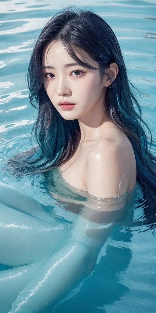 1girl, female water spirit, water-colored hair, spring water inside, a few drops of water on the skin,