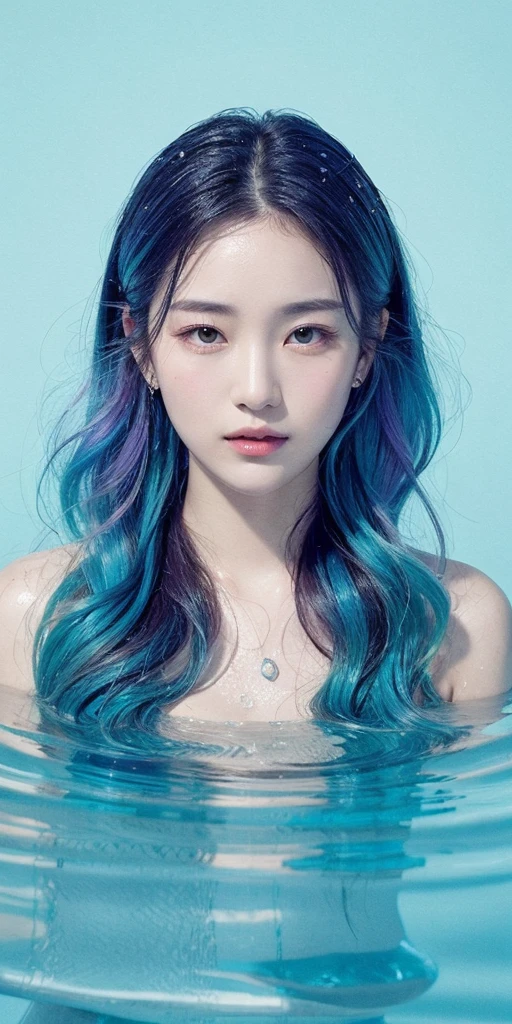 1girl, female water spirit, water-colored hair, spring water inside, a few drops of water on the skin,