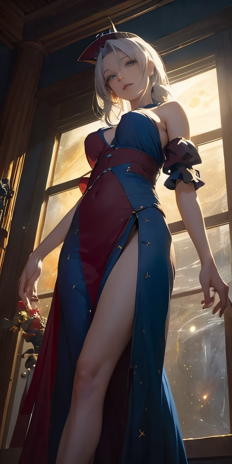 (masterpiece, Highest quality:1.3), (From below:1.3), Eight Yi Yonglin, touhou series, Perfect Face, Expressive eyes, 1 Female, View your viewers, 38 years old, Gorgeous body, Large Breasts, beautiful, anime, roller,1 Female, Silver Hair, Braid, Nurse cap, Red and blue clothes, Long skirt, (Evil look, Looking down at the viewer:1.5), (Cinema Lighting, Realistic, dream-like, Enchanting atmosphere:1.5), (Photograph of a woman in a dark and mysterious environment:1.3), (A woman surrounded by an aura of mystery and intrigue:1.3), (standing on the moon with the huge Earth and beautiful stars floating in space:1.3), (Nearby crystal balls, exuding a mysterious atmosphere:1.3), (The smell of incense floating in the air, Enhance the sensory experience:1.3), 