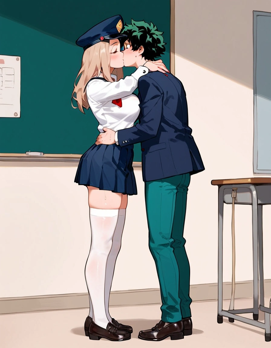 (best quality,ultra-detailed,realistic:1.37),humor,comic style,bold lines,vibrant colors, Romantic comedy, high school couple getting along in a school locker, A boy and a girl face each other in close contact, the girl was not wearing a blazer, but a blouse and ribbon, and a pleated checked miniskirt.