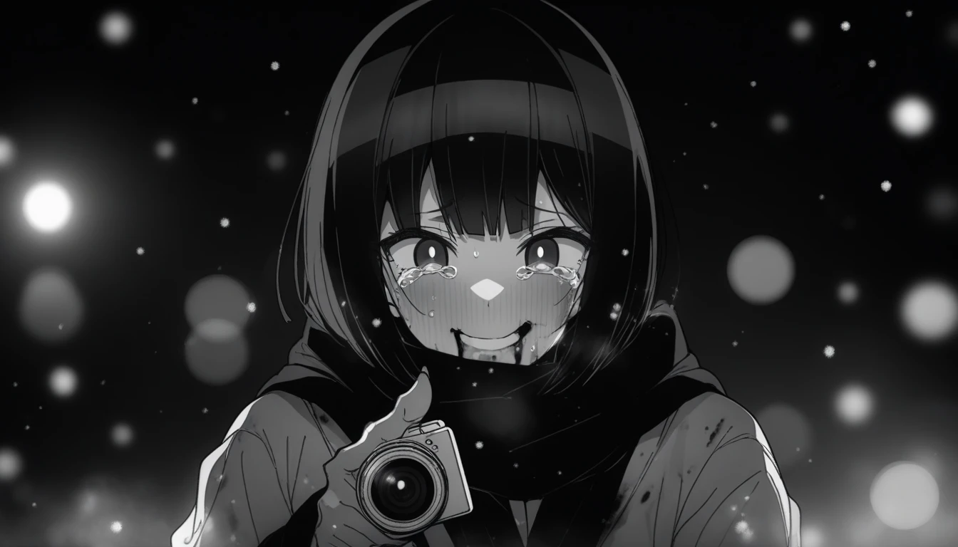 masterpiece, best quality, 1girl, izumi_tsubasu, official art, gawr gura with black bob cut and black eyes

greyscale, manga style, japanese, chi no wadachi, black eyes, eyelashes, street, iced, black hair, schoolbag, smile, crying, tears, tears streaming, blood, blood_from_mouth, bruise, nosebleed, lineart, face against the ground, looking at viewer, blood on face, black coat, black scarf, 35 years old, mature_female:1, tall, fair skinned, bokeh background, streaming, bob cut, light particles, centered, snowing, emotional anime scene, (very aesthetic, best quality, ultra detailed), intricate details, red and blue lights flashing,