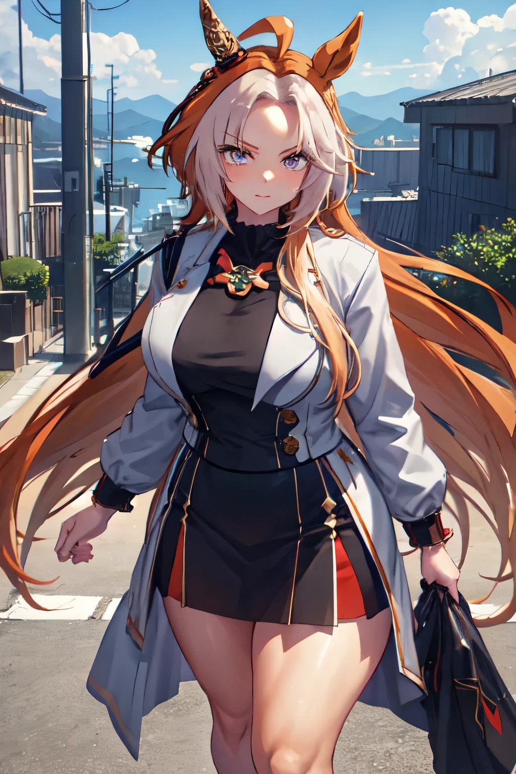 masterpiece, Highest quality, 1 person,(  Are standing, View your viewers),Detailed Background、A person who writes in detail、Accurate human body、Knowledgeable person、Accurate 5 fingers, woman,Thick thighs,Curvy body,alone, orfevre\(umamusume\),black short skirt,