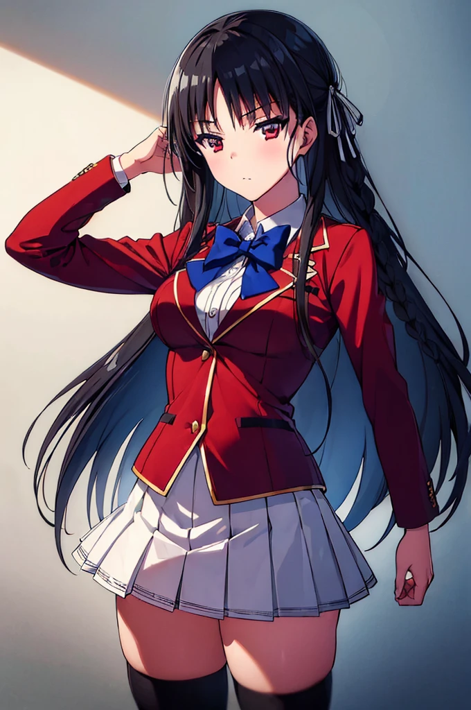 (masterpiece, best quality:1.5), (ultra detailed:1.4), (super fine illustration:1.1), perfect anatomy, 8k portrait,
1girl,
Suzune Horikita,
Suzune Horikita \(youjitsu\),
long hair, braid,
black hair,
(red eyes:1.2), slant eyes, small eyes,
blue bow,
(medium breasts:0.9),
red jacket, pleated skirt, black thigh-high socks,
looking at viewer,
cowboy shot,
perfect light,