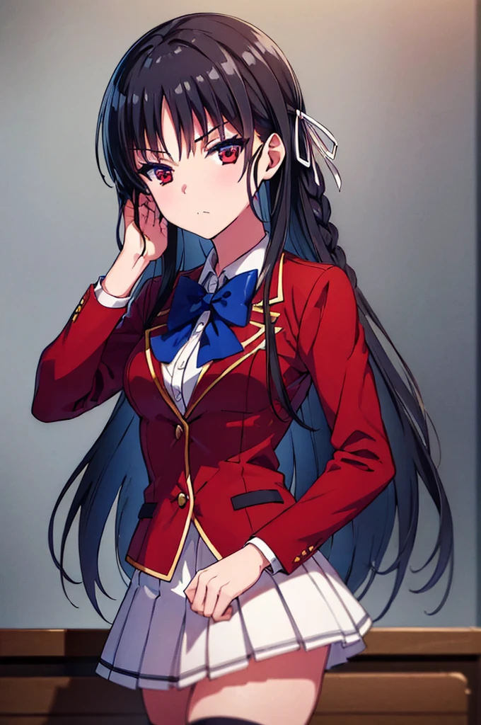 (masterpiece, best quality:1.5), (ultra detailed:1.4), (super fine illustration:1.1), perfect anatomy, 8k portrait,
1girl,
Suzune Horikita, 
Suzune Horikita \(youjitsu\),
long hair, braid, 
black hair, 
(red eyes:1.2), slant eyes, small eyes, 
blue bow, 
(medium breasts:0.9), 
red jacket, pleated skirt, black thigh-high socks,
looking at viewer, 
cowboy shot, 
perfect light, 