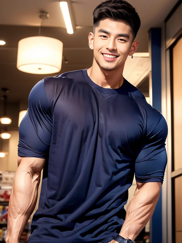 korea male male model, big muscles, handsome, cool, smoothly combed hair, pierced ears, wearing a t-shirt navy top, holding a lollipop, portraiture, modeling, dynamic pose, Japanese street, late at night, store lights trade, full half body shot, smile ,(open mouth:1.2)