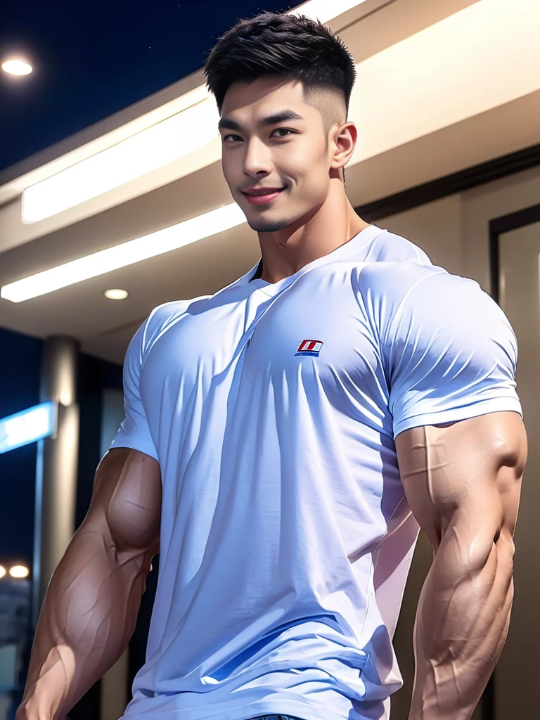 korea male male model, big muscles, handsome, cool, smoothly combed hair, pierced ears, wearing a t-shirt navy top, holding a lollipop, portraiture, modeling, dynamic pose, Japanese street, late at night, store lights trade, full half body shot, smile ,(open mouth:1.2)