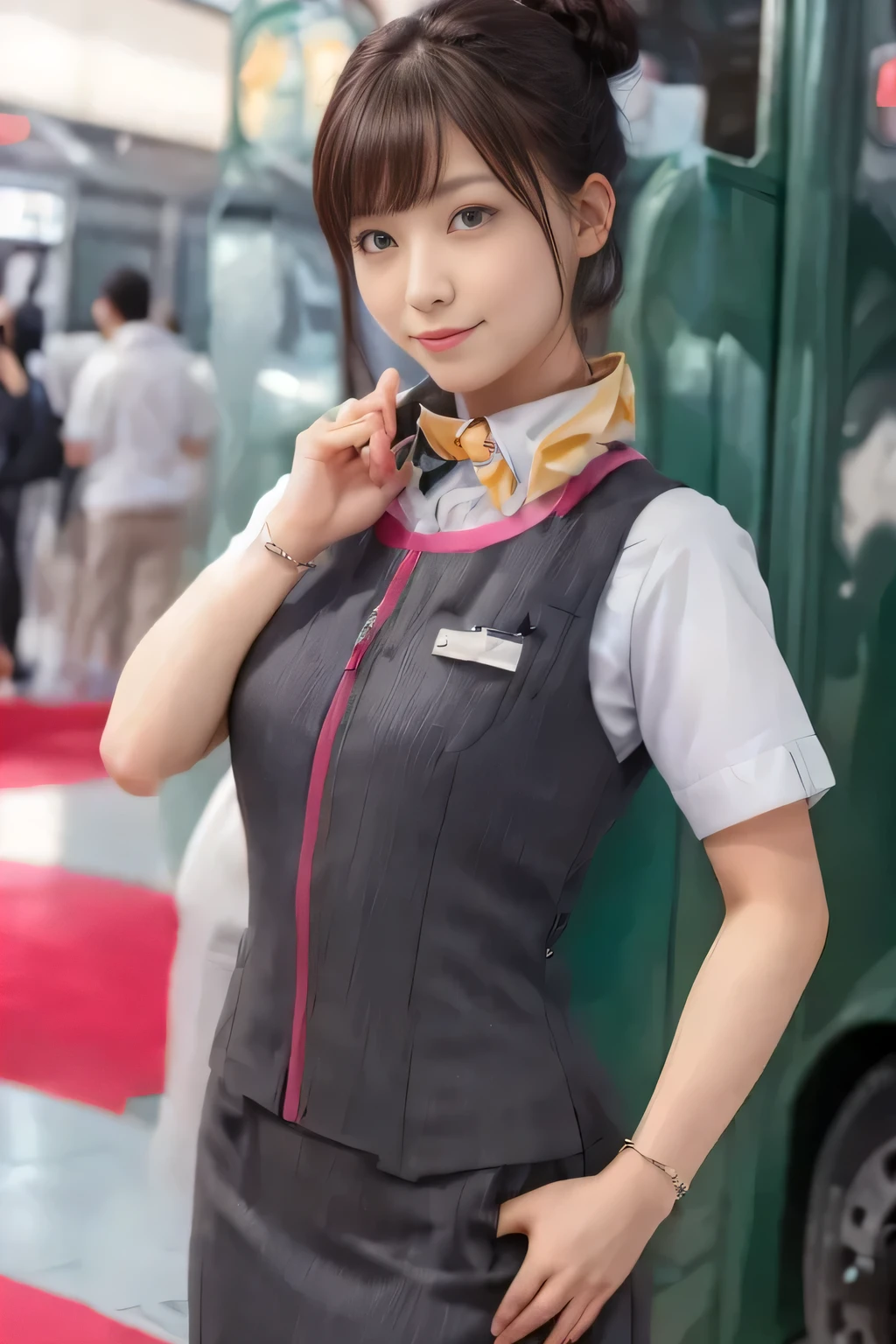 (masterpiece:1.2, Highest quality:1.2), 32k HDR, High resolution, (alone、1 Girl)、（Ride the bullet train、Professional Lighting）、Background in the car、（Realistic style of JR Gran Class crew uniform）、Short sleeve blouse、a scarf around the neck、（JR Gran Class flight attendant uniform with pink parts on the skirt sleeves）、（The uniform of a flight attendant in JR Gran Class has a pink line on the front zipper of the vest.）、Dark brown hair、（Hair tied up、Hair Bun、Hair Bun）、Dark brown hair、Long Shot、Big Breasts、（（Great hands：2.0）），（（Harmonious body proportions：1.5）），（（Normal limbs：2.0）），（（Normal finger：2.0）），（（Delicate eyes：2.0）），（（Normal eyes：2.0））)、Luxury Necklace、smile、Beautiful standing posture,