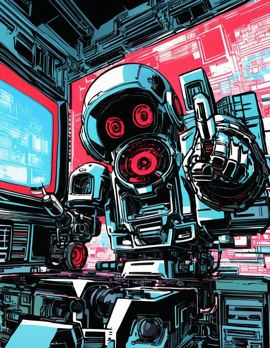 ultra-detailed:1.3, ultra delicate and detailed face:1.3, (absurdres, texture, masterpiece), Chinese brush painting, pixiv contest winner, Hiromu Arakawa, Shitao, inspired by Akihiko Yoshida, in the style of cytus and deemo, neo-dada, Dynamic manga-style illustration robot with television head, red biomechanicaldetails, Its screen is glitching hard, pointing viewer with her finger,
