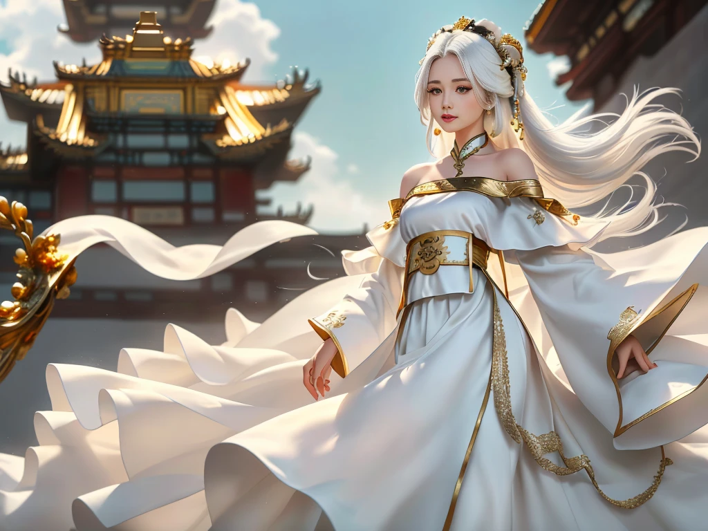 Girl in traditional Chinese clothing, Hanfu, Guzhen Hanfu women, White Hanfu,(long straight white hair:1.5), black eyes, black bun hairstyle, hair accessories ,white diamond earrings, Bangle Diameter, Dia Necklace, Clear eyes, Facing forward,put on makeup, Long eyelashes ,(gold long shoulder coat:1.5), (Very long skirt, white:1.5), ((Whole body)), ((from below)), Clear face, , (Very beautiful face, Beautiful mouth, beautiful eyes), detailed face, ((Ultra-fine skin)), In the dark, deep shadows, an ancient Chinese girl (Very slim figure 1.3) ,Plump breasts, elegant posture ,(palace in the sky:1.5),