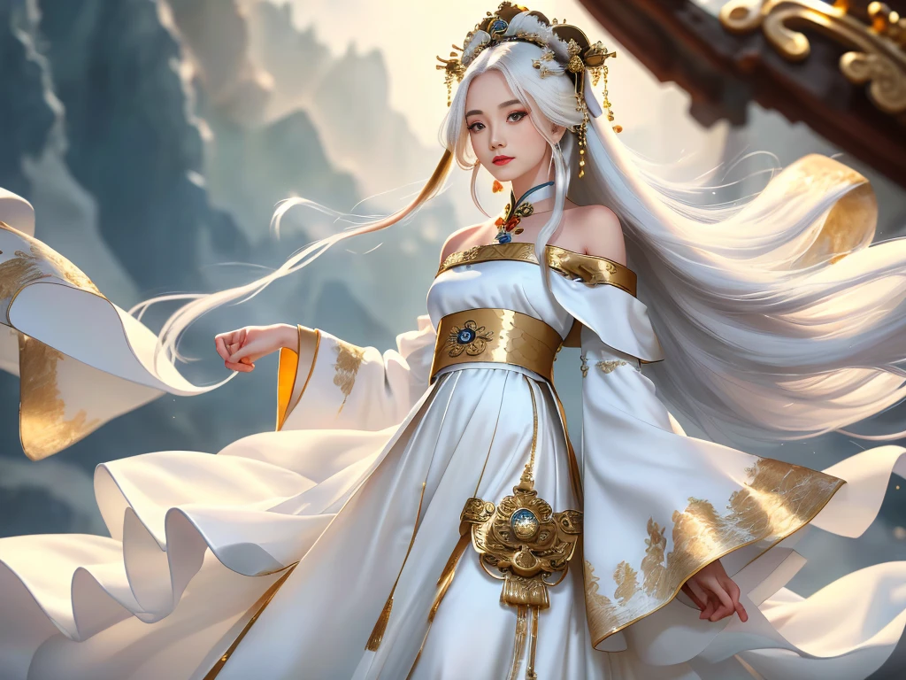 Girl in traditional Chinese clothing, Hanfu, Guzhen Hanfu women, White Hanfu,(long straight white hair:1.5), black eyes, black bun hairstyle, hair accessories ,white diamond earrings, Bangle Diameter, Dia Necklace, Clear eyes, Facing forward,put on makeup, Long eyelashes ,(gold long shoulder coat:1.5), (Very long skirt, white:1.5), ((Whole body)), ((from below)), Clear face, , (Very beautiful face, Beautiful mouth, beautiful eyes), detailed face, ((Ultra-fine skin)), In the dark, deep shadows, an ancient Chinese girl (Very slim figure 1.3) ,Plump breasts, elegant posture ,(palace in the sky:1.5),