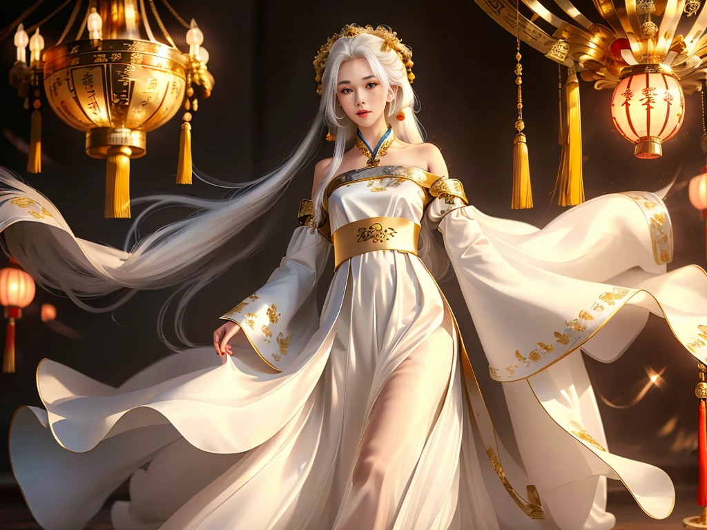 Girl in traditional Chinese clothing, Hanfu, Guzhen Hanfu women, White Hanfu,(long straight white hair:1.5), black eyes, black bun hairstyle, hair accessories ,white diamond earrings, Bangle Diameter, Dia Necklace, Clear eyes, Facing forward,put on makeup, Long eyelashes ,(gold long shoulder coat:1.5), (Very long skirt, white:1.5), ((Whole body)), ((from below)), Clear face, , (Very beautiful face, Beautiful mouth, beautiful eyes), detailed face, ((Ultra-fine skin)), In the dark, deep shadows, an ancient Chinese girl (Very slim figure 1.3) ,Plump breasts, elegant posture ,(palace in the sky:1.5),