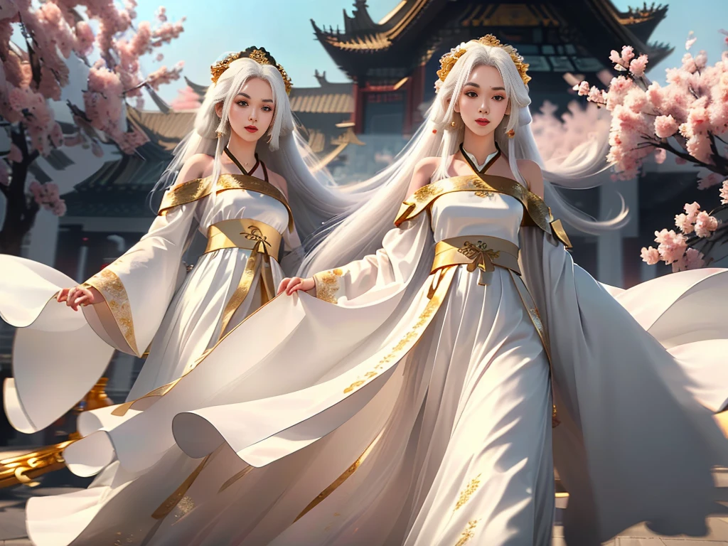 Girl in traditional Chinese clothing, Hanfu, Guzhen Hanfu women, White Hanfu,(long straight white hair:1.5), black eyes, black bun hairstyle, hair accessories ,white diamond earrings, Bangle Diameter, Dia Necklace, Clear eyes, Facing forward,put on makeup, Long eyelashes ,(gold long shoulder coat:1.5), (Very long skirt, white:1.5), ((Whole body)), ((from below)), Clear face, , (Very beautiful face, Beautiful mouth, beautiful eyes), detailed face, ((Ultra-fine skin)), In the dark, deep shadows, an ancient Chinese girl (Very slim figure 1.3) ,Plump breasts, elegant posture ,(palace in the sky:1.5),