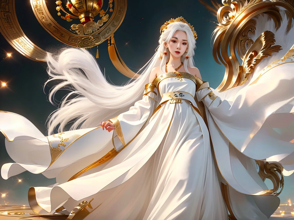 Girl in traditional Chinese clothing, Hanfu, Guzhen Hanfu women, White Hanfu,(long straight white hair:1.5), black eyes, black bun hairstyle, hair accessories ,white diamond earrings, Bangle Diameter, Dia Necklace, Clear eyes, Facing forward,put on makeup, Long eyelashes ,(gold long shoulder coat:1.5), (Very long skirt, white:1.5), ((Whole body)), ((from below)), Clear face, , (Very beautiful face, Beautiful mouth, beautiful eyes), detailed face, ((Ultra-fine skin)), In the dark, deep shadows, an ancient Chinese girl (Very slim figure 1.3) ,Plump breasts, elegant posture ,(palace in the sky:1.5),