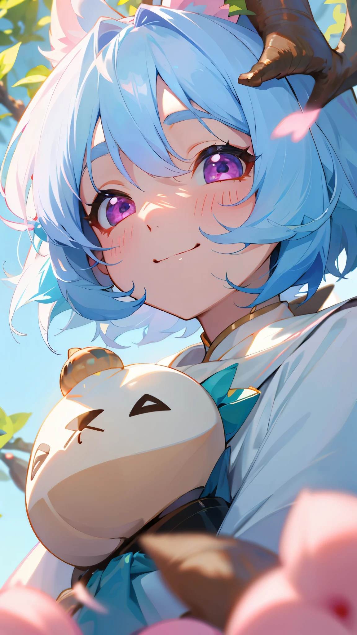 1 Girl、Light blue hair、Pink Eyes、smile、Upper body close-up、Acorns in both nostrils