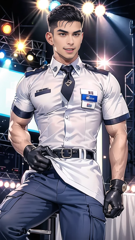 handsome man  Lying down next to the stage,(crew cut short hair:1.2),black eye,smile,open mouth
(navy police uniform:1.2),(shirt short sleeves:1.2),collar,(shirt covered over:1.2),(name tag and Police badge:1.2),(shirt no buttons:1.1),(black_gloves:1.3),
(Navy blue cargo:1.2),Korean guy,korean men,(High gloss details),(chest muscles:1.2),(large arm muscles:1.2),blood vessel,Big muscles,Broad shoulders,looking at the audience,Balancing the eyes,middle of the road,(stage:1.4),