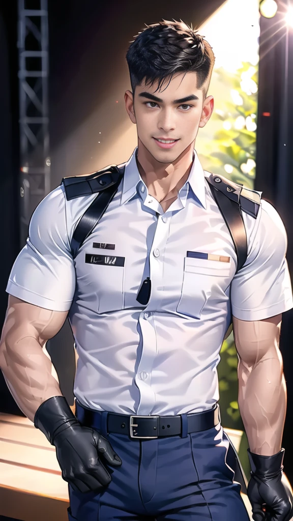 handsome man  sit on the table ,(crew cut short hair:1.2),black eye,smile,open mouth
(navy police uniform:1.2),(shirt short sleeves:1.2),collar,(shirt covered over:1.2),(name tag and Police badge:1.2),(shirt no buttons:1.1),(black_gloves:1.3),
(Navy blue cargo:1.2),Korean guy,korean men,(High gloss details),(chest muscles:1.2),(large arm muscles:1.2),blood vessel,Big muscles,Broad shoulders,looking at the audience,Balancing the eyes,middle of the road,(stage:1.4),