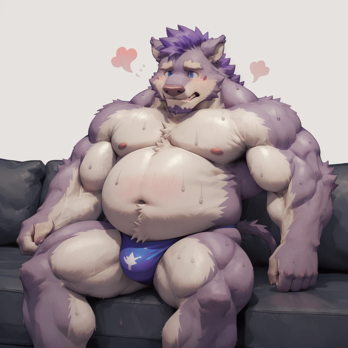 masterpiece, best quality, 8k resolution, Very detailed, hairy,Wild Boar,((purple hair)),Fat,((Sweating)),(((Blue pupils))),For the audience,(((Sitting on the sofa))),portrait,(((Shirtless))),(Highest quality scene),(((Thong))),(((Blushing))),(((Hip bulge))),(((Ultra clear eyes)),((Solitary)),((whole body)),(((Fat-enclosed muscle))),((Mature)),(((Uncle))),((Shame))