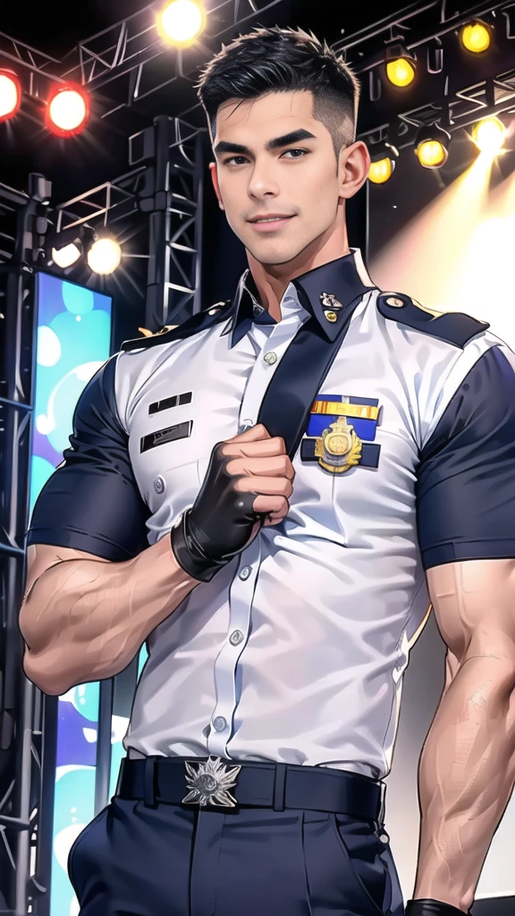 handsome man  sit on the table ,(crew cut short hair:1.2),black eye,smile,open mouth
(navy police uniform:1.2),(shirt short sleeves:1.2),collar,(shirt covered over:1.2),(name tag and Police badge:1.2),(shirt no buttons:1.1),(black_gloves:1.3),
(Navy blue cargo:1.2),Korean guy,korean men,(High gloss details),(chest muscles:1.2),(large arm muscles:1.2),blood vessel,Big muscles,Broad shoulders,looking at the audience,Balancing the eyes,middle of the road,(stage:1.4),