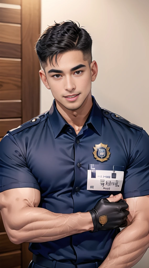 handsome man sit on the table ,(crew cut short hair:1.2),black eye,smile,open mouth (navy police uniform:1.2),(shirt short sleeves:1.2),collar,(shirt covered over:1.2),(name tag and Police badge:1.3),(shirt no buttons:1.1),(black_gloves:1.3), (Navy blue cargo:1.2),Korean guy,korean men,(High gloss details),(chest muscles:1.2),(large arm muscles:1.2),blood vessel,Big muscles,Broad shoulders,looking at the audience,Balancing the eyes,middle of the road,(stage:1.2),