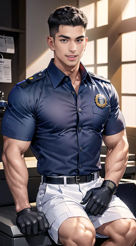 handsome man sit on the table ,(crew cut short hair:1.2),black eye,smile,open mouth (navy police uniform:1.2),(shirt short sleeves:1.2),collar,(shirt covered over:1.2),(name tag and Police badge:1.3),(shirt no buttons:1.1),(black_gloves:1.3), (Navy blue cargo:1.2),Korean guy,korean men,(High gloss details),(chest muscles:1.2),(large arm muscles:1.2),blood vessel,Big muscles,Broad shoulders,looking at the audience,Balancing the eyes,middle of the road,(stage:1.2),
