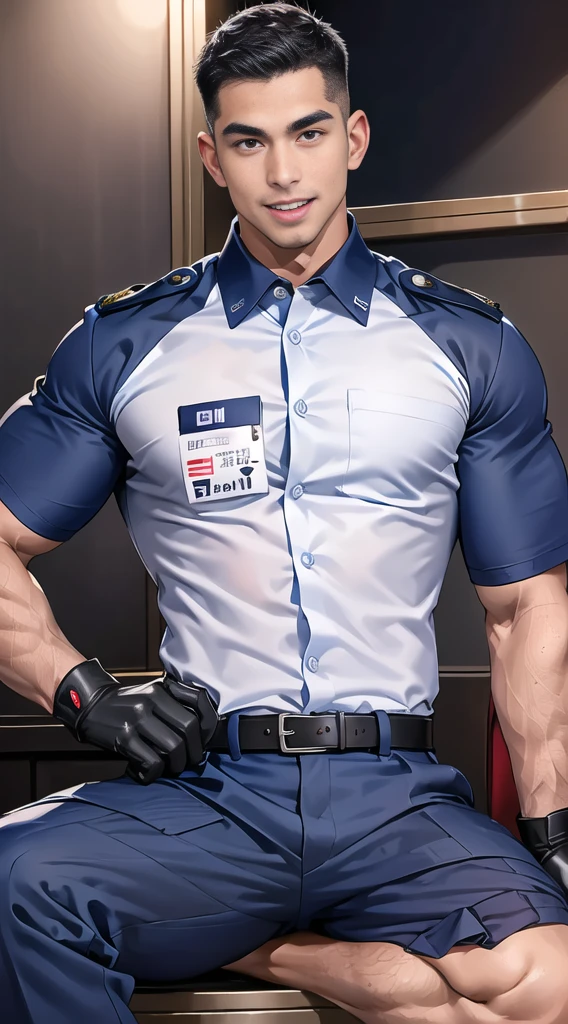 handsome man sit on the table ,(crew cut short hair:1.2),black eye,smile,open mouth (navy police uniform:1.2),(shirt short sleeves:1.2),collar,(shirt covered over:1.2),(name tag and Police badge:1.3),(shirt no buttons:1.1),(black_gloves:1.3), (Navy blue cargo:1.2),Korean guy,korean men,(High gloss details),(chest muscles:1.2),(large arm muscles:1.2),blood vessel,Big muscles,Broad shoulders,looking at the audience,Balancing the eyes,middle of the road,(stage:1.2),