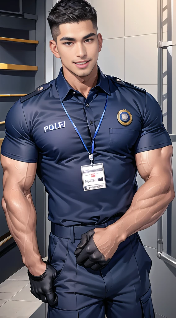 handsome man sit on the table ,(crew cut short hair:1.2),black eye,smile,open mouth (navy police uniform:1.2),(shirt short sleeves:1.2),collar,(shirt covered over:1.2),(name tag and Police badge:1.3),(shirt no buttons:1.1),(black_gloves:1.3), (Navy blue cargo:1.2),Korean guy,korean men,(High gloss details),(chest muscles:1.2),(large arm muscles:1.2),blood vessel,Big muscles,Broad shoulders,looking at the audience,Balancing the eyes,middle of the road,(stage:1.2),
