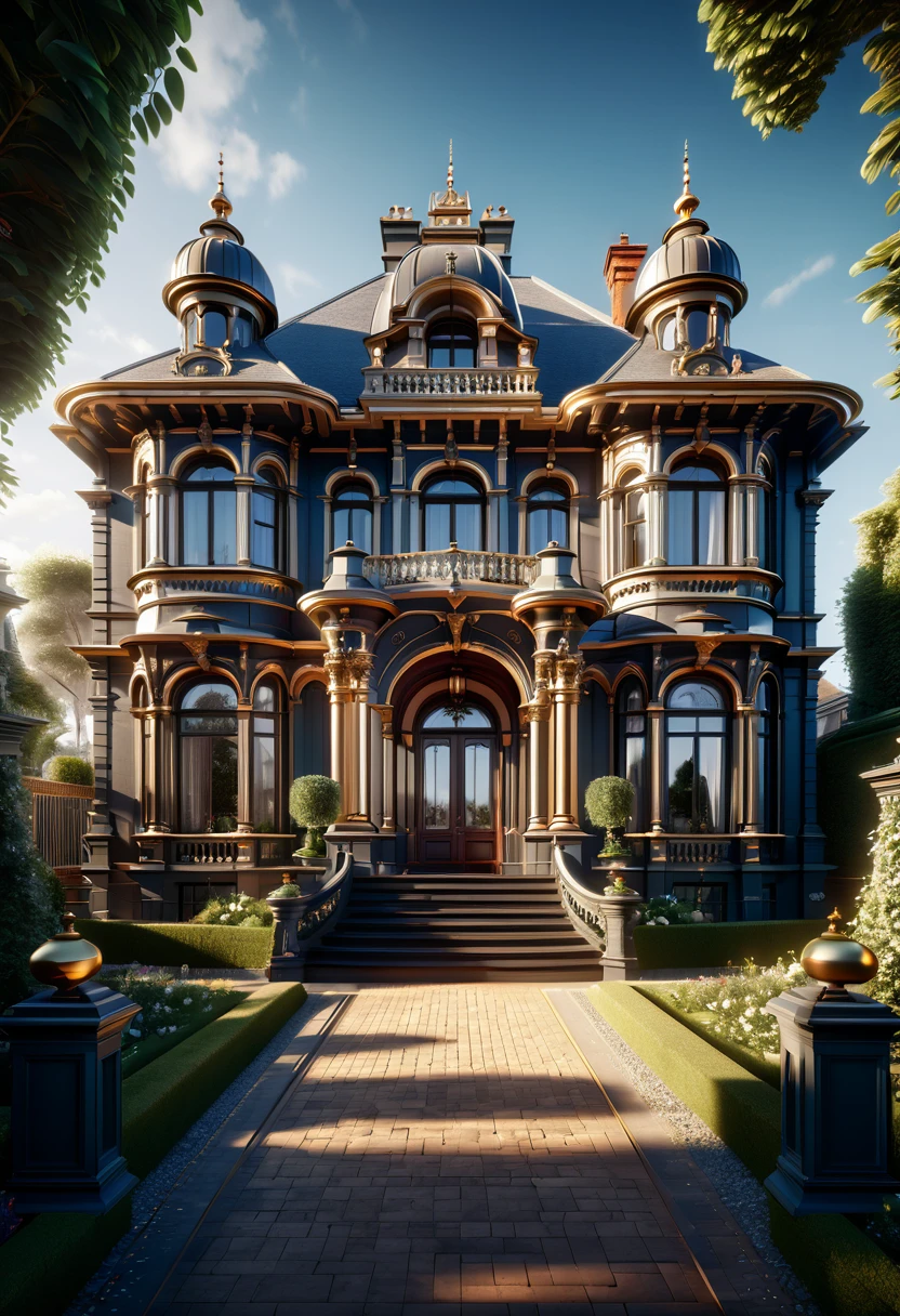 a hyper detailed 8k image of a majestic Villa showcasing intricate Victorian architecture, winner of a CG Society contest, architectural visualization, grandiose, ornate details, high resolution, realistic lighting, dramatic shadows, front view, landscaped surroundings, trending on art station