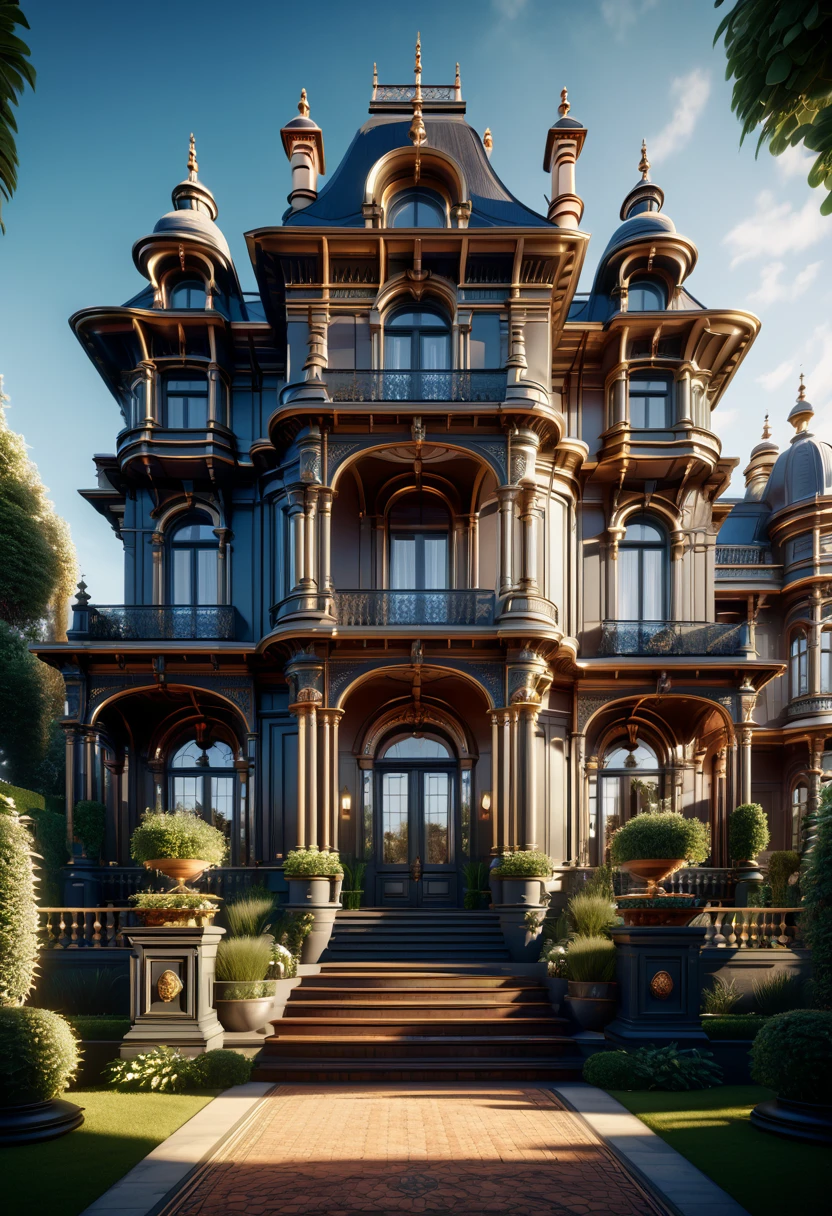 a hyper detailed 8k image of a majestic Villa showcasing intricate Victorian architecture, winner of a CG Society contest, architectural visualization, grandiose, ornate details, high resolution, realistic lighting, dramatic shadows, front view, landscaped surroundings, trending on art station