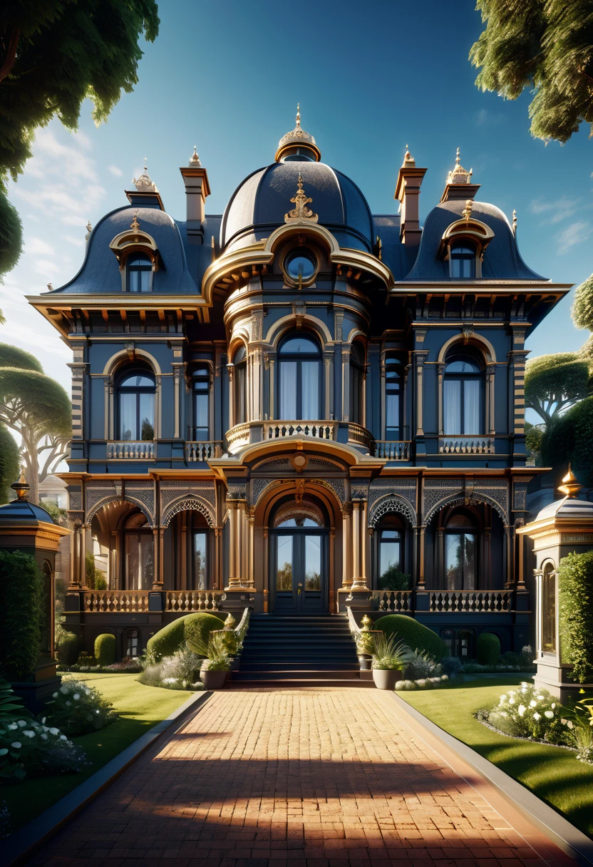 a hyper detailed 8k image of a majestic Villa showcasing intricate Victorian architecture, winner of a CG Society contest, architectural visualization, grandiose, ornate details, high resolution, realistic lighting, dramatic shadows, front view, landscaped surroundings, trending on art station