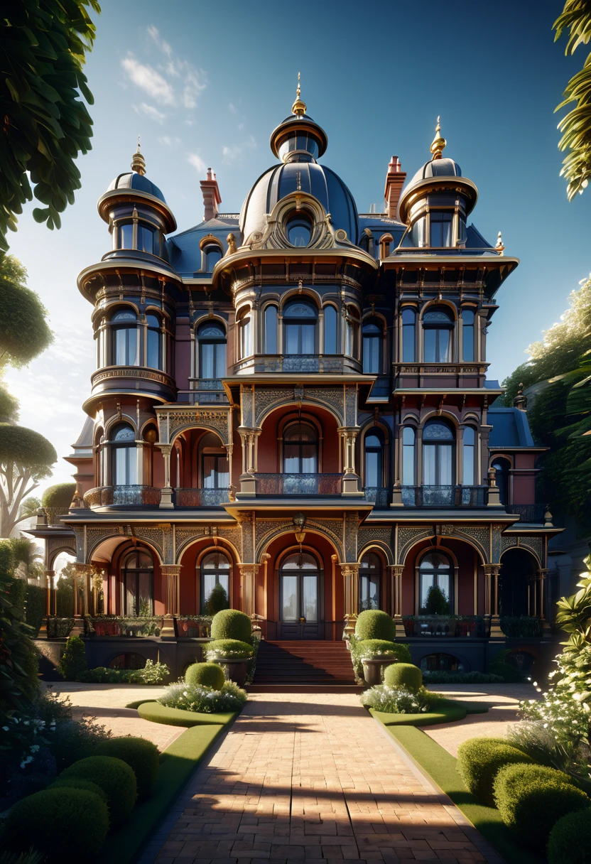 a hyper detailed 8k image of a majestic Villa showcasing intricate Victorian architecture, winner of a CG Society contest, architectural visualization, grandiose, ornate details, high resolution, realistic lighting, dramatic shadows, front view, landscaped surroundings, trending on art station