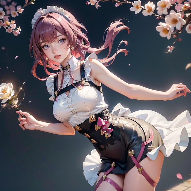 Kafka_(honkai: star rail), medium hair, flowing hair, floating hair, ornament hair, perfectly body, perfectly hands, dark pink rose on hair, maid, maid dress, maid headdress, maid apron, white apron, white apron, white headdress, on street, petals in the air, blossom peach tree, centered girl, Chinese style, white maid dress, white dress, more details on her clothes, dark pink dress with transparency, golden details, daylight, smiling, ((4k, masterpiece, top-quality)),8k, best quality, high resolution, HD, (illustration:0.8), super cute girl, delicate and beautiful face, 1girl, solo, mature girl, super cute hairstyle, (beautiful detailed eyes:1.6), extremely detailed face, perfect lighting, extremely detailed CG, (perfect hands, perfect anatomy), Best quality, cleavage, small skirt, full Body,