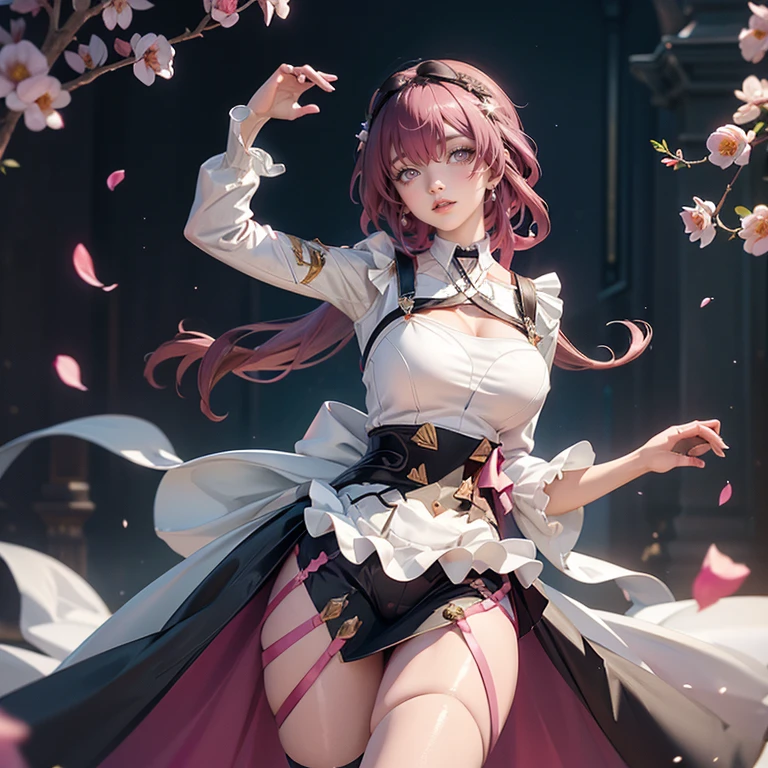 Kafka_(honkai: star rail), medium hair, flowing hair, floating hair, ornament hair, perfectly body, perfectly hands, dark pink rose on hair, maid, maid dress, maid headdress, maid apron, white apron, white apron, white headdress, on street, petals in the air, blossom peach tree, centered girl, Chinese style, white maid dress, white dress, more details on her clothes, dark pink dress with transparency, golden details, daylight, smiling, ((4k, masterpiece, top-quality)),8k, best quality, high resolution, HD, (illustration:0.8), super cute girl, delicate and beautiful face, 1girl, solo, mature girl, super cute hairstyle, (beautiful detailed eyes:1.6), extremely detailed face, perfect lighting, extremely detailed CG, (perfect hands, perfect ???????), Best quality, cleavage, small skirt, full Body,