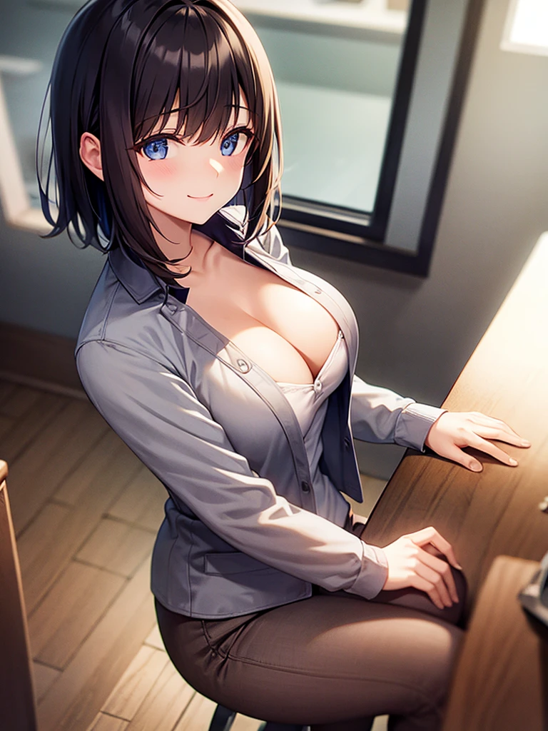 woman,smile,Bob Hair, Dark brown hair,Large Breasts,High ,School classroom