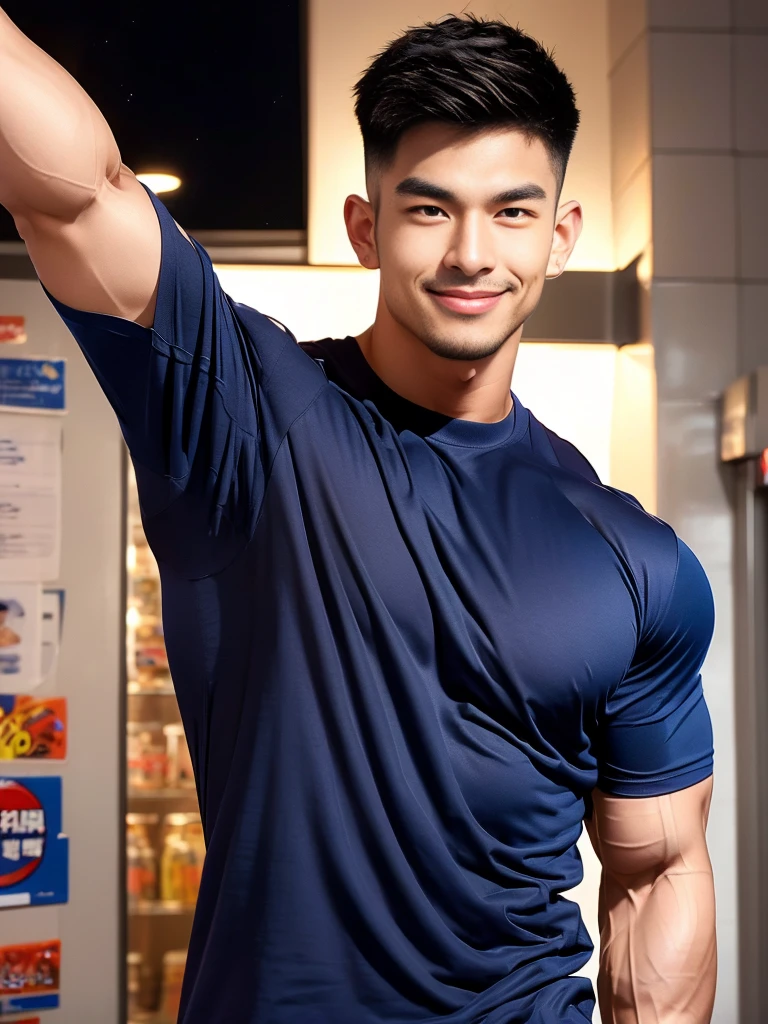 korea male male model, big muscles, handsome, cool, smoothly combed hair, pierced ears, wearing a t-shirt navy top, holding a lollipop, portraiture, modeling, dynamic pose, Japanese street, late at night, store lights trade, full half body shot, smile ,(open mouth:1.2),(arm_up:1.2)