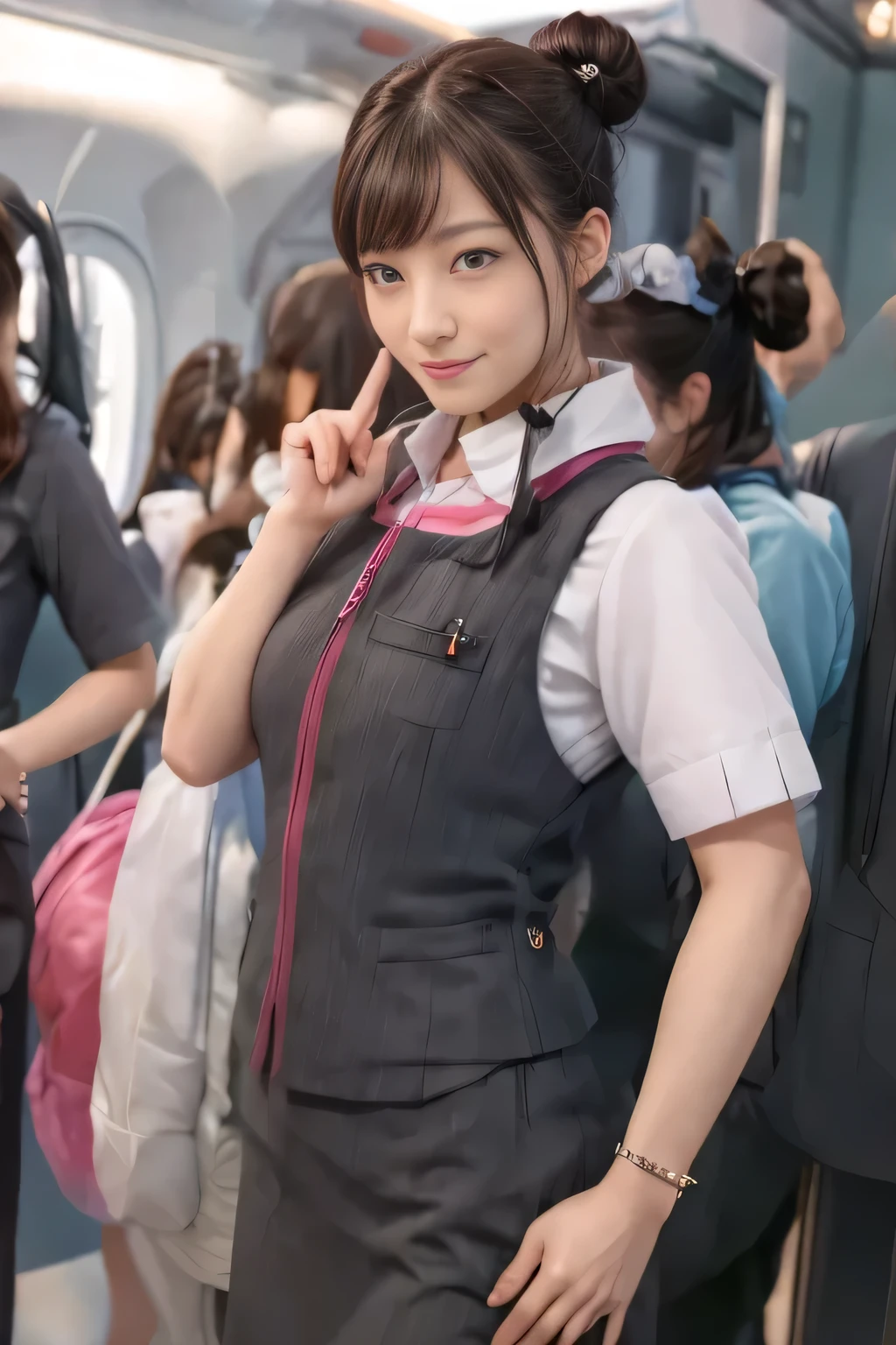 (masterpiece:1.2, Highest quality:1.2), 32k HDR, High resolution, (alone、1 Girl)、(Ride the bullet train、Professional Lighting)、Background in the car、(Realistic style of JR Gran Class crew uniform)、Short sleeve blouse、a scarf around the neck、(JR Gran Class flight attendant uniform with pink parts on the skirt sleeves)、(The uniform of a flight attendant in JR Gran Class has a pink line on the front zipper of the vest.)、Dark brown hair、(Hair tied up、Hair Bun、Hair Bun)、Dark brown hair、Long Shot、Big Breasts、((Great hands:2.0)),((Harmonious body proportions:1.5)),((Normal limbs:2.0)),((Normal finger:2.0)),((Delicate eyes:2.0)),((Normal eyes:2.0)))、Luxury Necklace、smile、Beautiful standing posture,