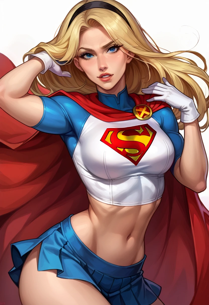 score_9, score_8_up, score_7_up, source_cartoon, BREAK 1girl, solo, Supergirl \(DC Animated Universe\), (long blonde hair:1.2), (black hairband:1.2), (white crop top, short sleeves:1.2), (short red cape:1.2), (short tight blue skirt:1.2), (white gloves:1.2), (red boots:1.2), looking at viewer, parted lips, mature woman, hot, posing in her bedroom, model poses, midshot.