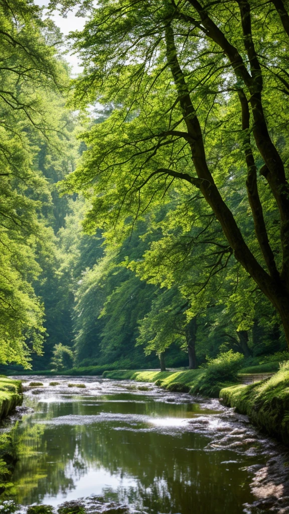 tmasterpiece，super detailing，best qualtiy，Perfectcomposition，A high resolution，Natural soft light，Photographic realism style，SLR shooting effect，8K。Summer woods，A big tree by the stream，lawns，sonoko，benches，Woods in the distance，Sunny breeze