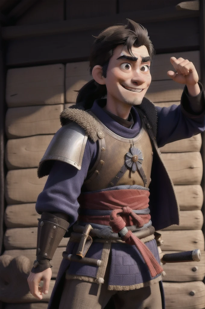 Samurai warrior with power in one hand in medieval era