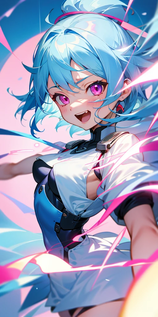 ****************、Light blue hair、Pink Eyes、Small breasts、A look of intense joy on one&#39;s face、A lot of acorns、white blouse shirt、Checked mini skirt、Upper body close-up、The background is a garden with flower petals falling..、Grin、From the side、Picturesque、Sharp contours