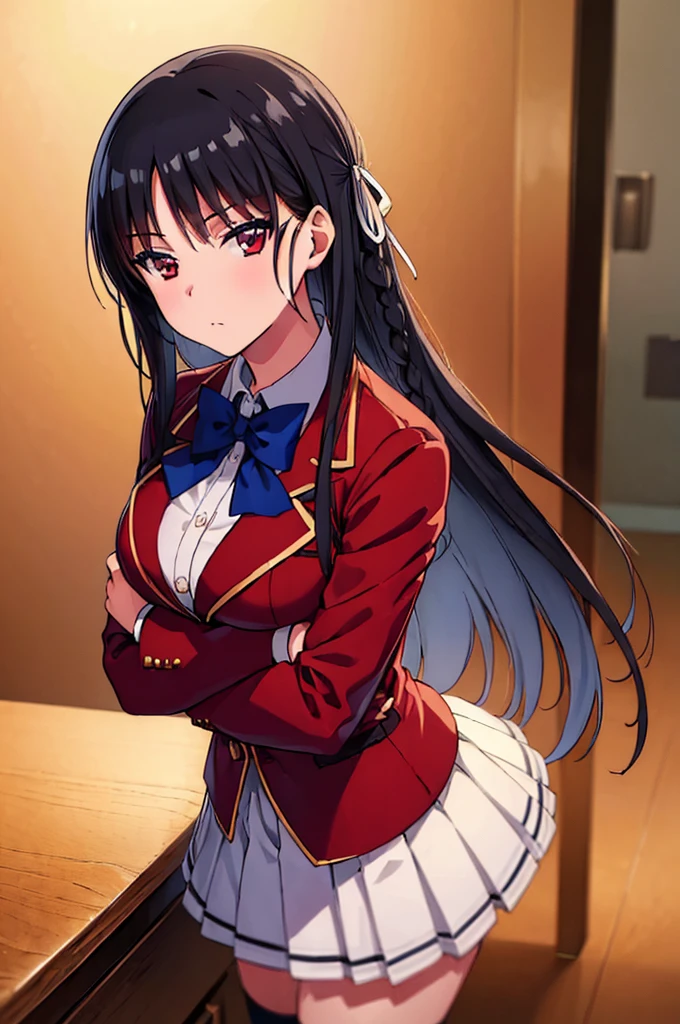 (masterpiece, best quality:1.5), (ultra detailed:1.4), (super fine illustration:1.3), perfect anatomy, 8k portrait,
1girl,
Suzune Horikita, 
Suzune Horikita \(youjitsu\),
long hair, braid, 
black hair, 
(red eyes:1.2), slant eyes, small eyes, 
blue bow, 
(medium breasts:0.9), 
red jacket, pleated skirt, black thigh-high socks,
looking at viewer, 
cowboy shot, 
perfect light, 
