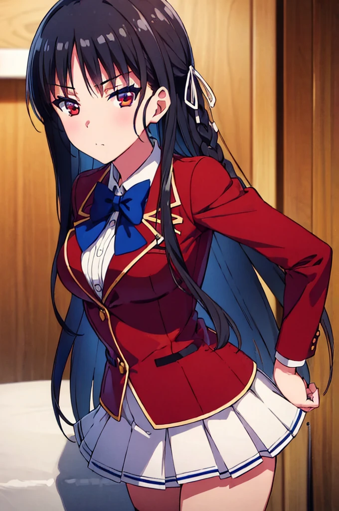 (masterpiece, best quality:1.5), (ultra detailed:1.4), (super fine illustration:1.3), perfect anatomy, 8k portrait,
1girl,
Suzune Horikita,
Suzune Horikita \(youjitsu\),
long hair, braid,
black hair,
(red eyes:1.2), slant eyes, small eyes,
blue bow,
(medium breasts:0.9),
red jacket, pleated skirt, black thigh-high socks,
looking at viewer,
cowboy shot,
perfect light,