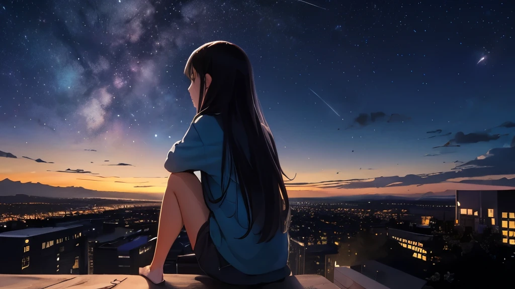 octans, sky, star (sky), scenery, starry sky, night, 1girl, night sky, solo, outdoors, building, cloud, milky way, sitting, tree, long hair, city, silhouette, cityscape