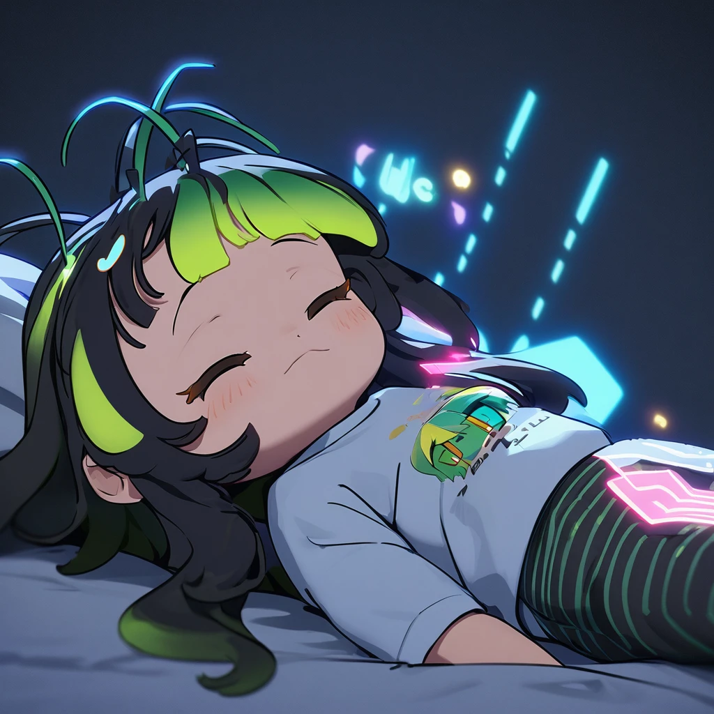hand drawing cartoon style, 3d Electric_elements_circuit_girl, lie on bed, (detailed emerald eyes, jet-black hair,colored inner green ombre hair multicolored hair,antenna hair):1.21, cowboy_shot, side_view, slightly looking at viewer, elegant pose, (in night_wear, using Electric elements blue_Horizontal_striped and lines to sleeping girl design drawings), grumpy, balloon_cheeks, a style should be flat, two-dimensional, and evoke old-school t-shirt graphics, (simple background),