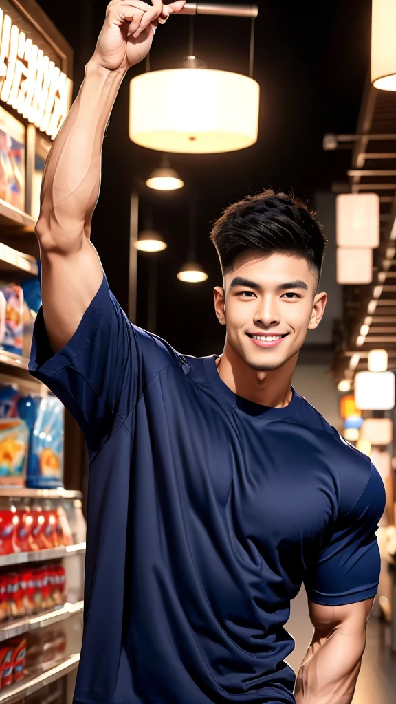 korea male male model, big muscles, handsome, cool, smoothly combed hair, pierced ears, wearing a t-shirt navy top, holding a lollipop, portraiture, modeling, dynamic pose, Japanese street, late at night, store lights trade, full half body shot, smile ,(open mouth:1.2),(arm_up:1.2)