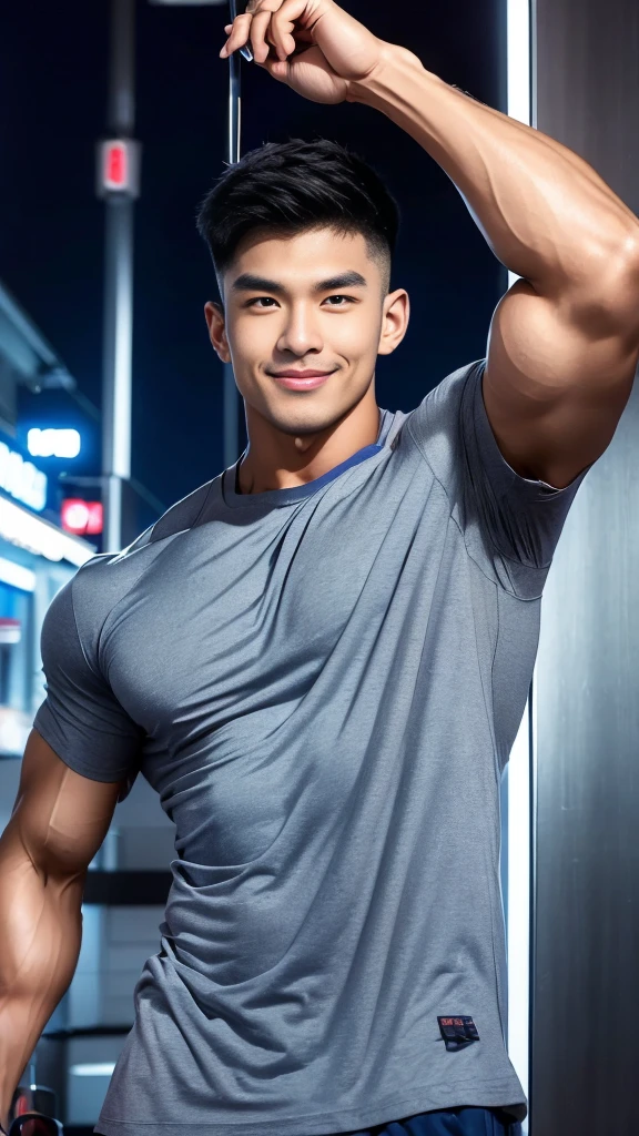 korea male male model, big muscles, handsome, cool, smoothly combed hair, pierced ears, wearing a t-shirt navy top, holding a lollipop, portraiture, modeling, dynamic pose, Japanese street, late at night, store lights trade, full half body shot, smile ,(open mouth:1.2),(arm_up:1.2)